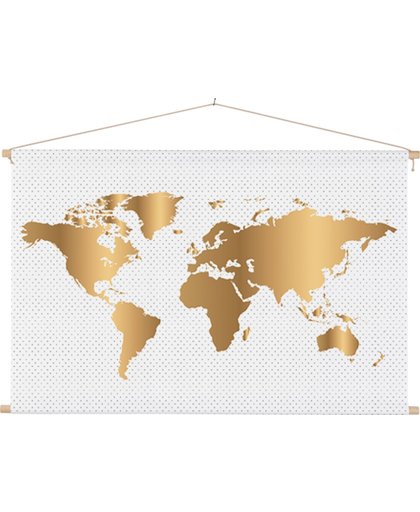 Wereldkaart Goud stippen  60x40 cm platte latten - Afgedrukt op Textielposter / Schoolplaat