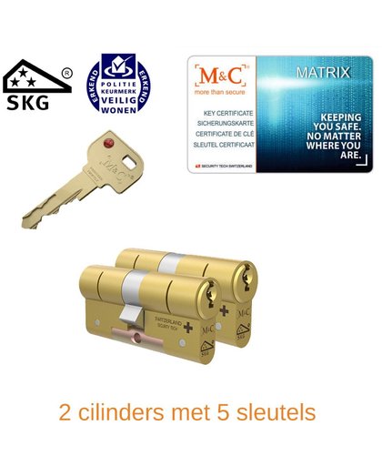 2x M&C 32/32 Condor cilinder SKG*** met cilindertrekbeveiliging messing / 5 sleutels