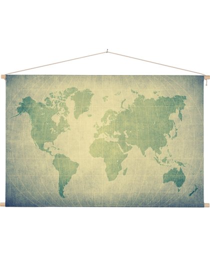 Wereldkaart Perkament groen  90x60 cm platte latten - Afgedrukt op Textielposter / Schoolplaat