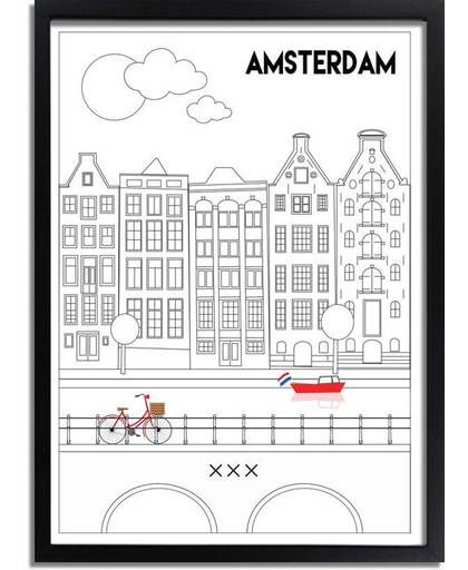 Poster Amsterdam Grachten DesignClaud - Rood zwart wit - A3 + Fotolijst zwart