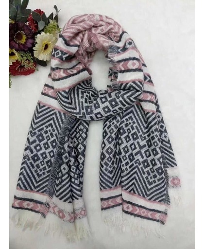 Winter sjaal - extra lang - oversized sjaal - rechthoek - aztec print - grijs roze