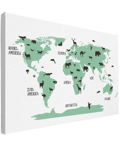 Wereldkaart dieren groen  canvas 120x80 cm
