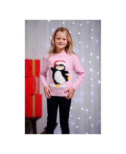 Roze kersttrui voor kinderen dansende pinguin 11/12 jaar (164/176)