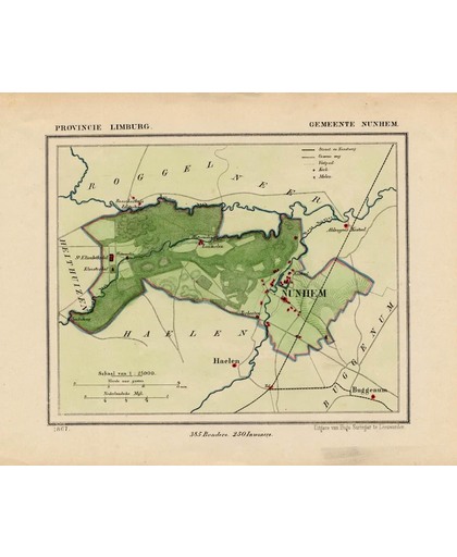 Historische kaart, plattegrond van gemeente Nunhem in Limburg uit 1867 door Kuyper van Kaartcadeau.com