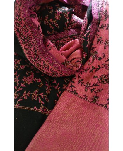 Cashmere Reversible Zwart Roze Floral Woven Wrap Stola Shawl Scarf
