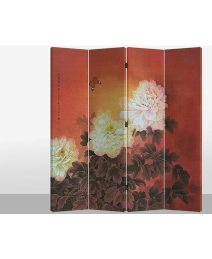 Orientique Kamerscherm 4 Panelen Rood Mudan met Vlindertje Canvas Room Divider Scheidingswand