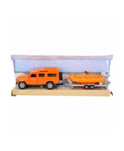 Speelauto oranje land rover met reddingsboot
