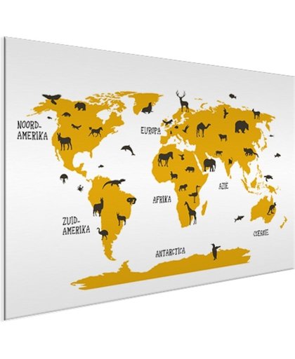 Wereldkaart dieren geel  Aluminium 120x80 cm