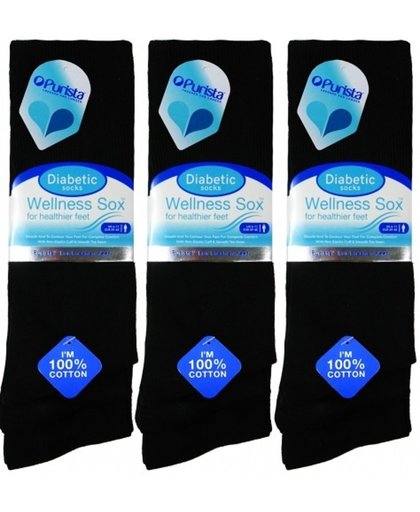 Diabetes sokken - 100% katoen - set van 3 paar - zwart - non elastisch boord - platte teennaad - mt 39 - 45
