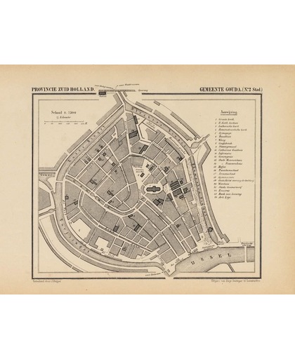 Historische kaart, plattegrond van gemeente Gouda-stad in Zuid Holland uit 1867 door Kuyper van Kaartcadeau.com