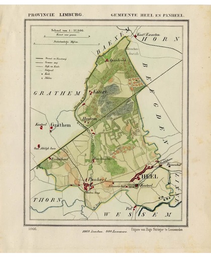 Historische kaart, plattegrond van gemeente Heel en Panheel in Limburg uit 1867 door Kuyper van Kaartcadeau.com