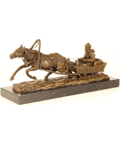 Bronzen beeld paard voor slee gespannen