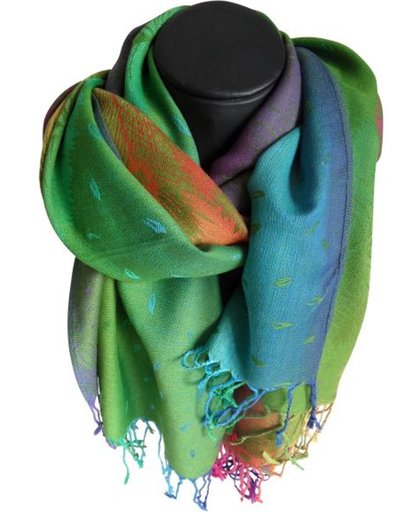 Mooie hippe sjaal van pashmina mix kleuren pauwen veren lengte 180 cm breedte 70 cm.