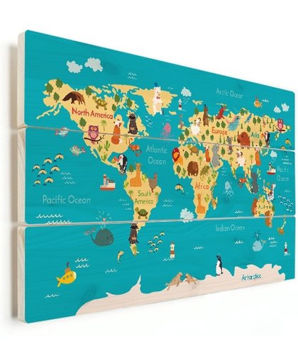 Wereldkaart Continenten en zeeën vurenhout 40x30 cm
