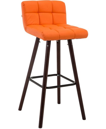 Clp Barkruk LINCOLN V2, met rugleuning en voetsteun voor extra comfort, maximaal laadvermogen 150 kg, bekleding van kunstleer - oranje kleur onderstel : walnoot