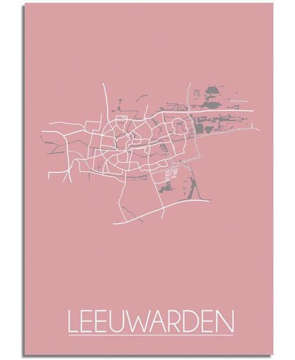 Plattegrond Leeuwarden Stadskaart poster DesignClaud - Roze - A2 + fotolijst zwart