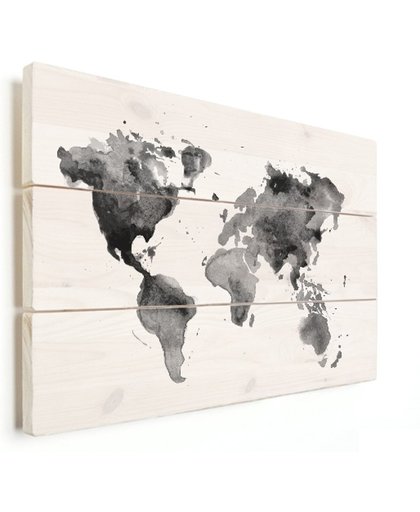 Wereldkaart aquarel zwart wit vurenhout 120x80 cm