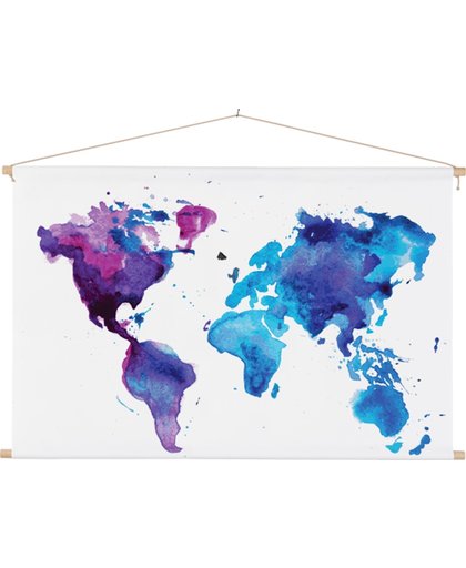 Wereldkaart Aquarel verf  60x40 cm platte latten - Afgedrukt op Textielposter / Schoolplaat