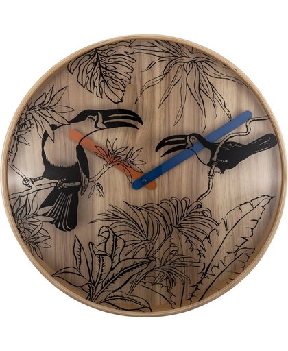 NeXtime Tropical Birds - klok - Rond - Hout en Glas - Stil uurwerk - Ø 40 cm - Multi color