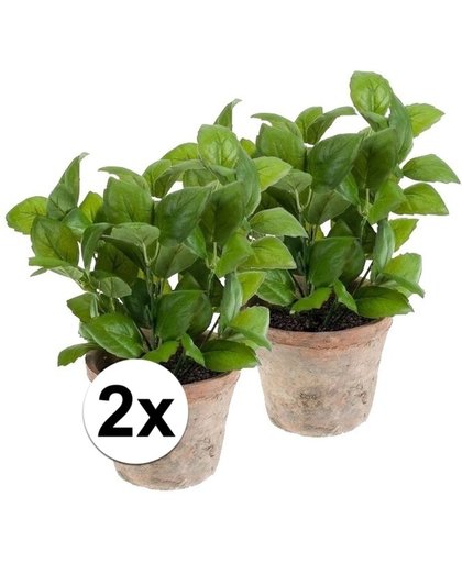 2x Kunstplant basilicum kruiden groen in pot 25 cm