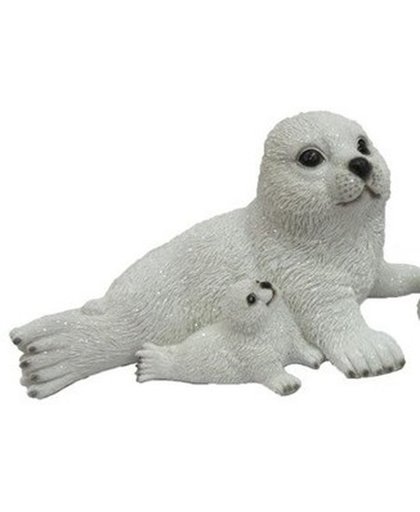 Dierenbeelden witte zeehond met pup naast moeder - Decoratie beeldje zeehond met jong 27 cm