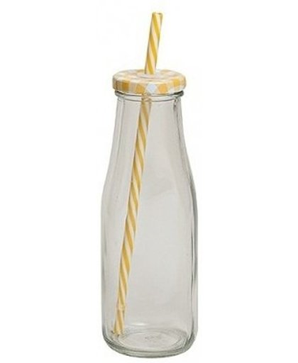 Geel/witte glazen drink flesje met rietje 400 ml