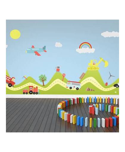 Walplus kids decoratie sticker - heuvel met transport auto's