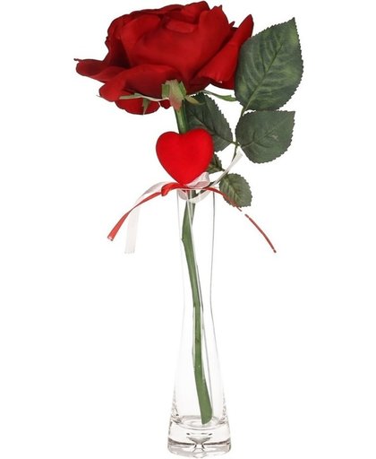 Valentijnscadeau rode roos 31 cm met hart in smalle vaas