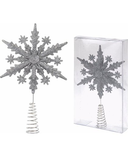 Kerstboom decoratie piek zilveren sneeuwvlok 22 cm - kerstboomversiering