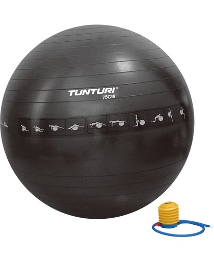 Tunturi Fitnessbal - Gymball - Swiss ball -  Ø 75 cm - Anti burst - Inclusief pomp - Zwart