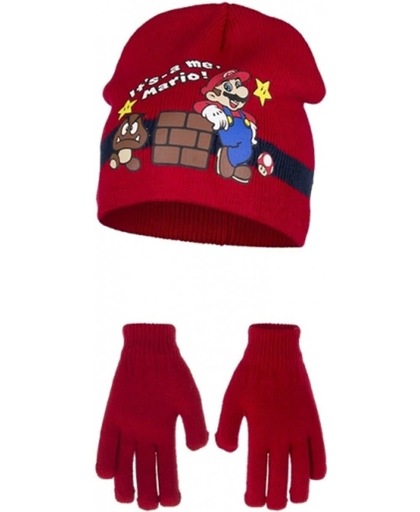 Rode Its Mario winterset voor kinderen 54 cm - Super Mario Muts en Handschoenen