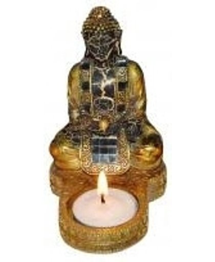 Indische boeddha theelichthouder goud/zwart 12 cm