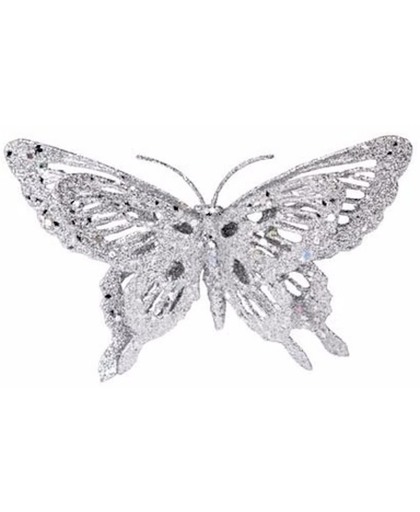 Kerstboomversiering zilveren glitter vlinder op clip 15 cm