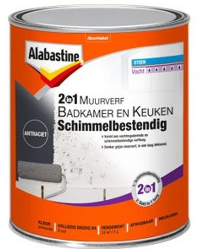 Alabastine muurverf 2in1 badkamer en keuken schimmelbestendig antraciet - 1 liter