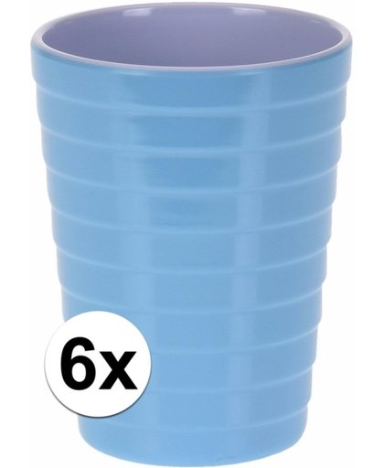 6x Bekers melamine ribbel blauw - 300 ml - campingbeker