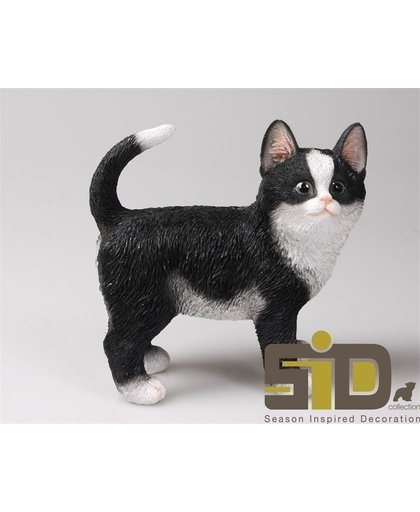Dierenbeelden poes/kat zwart/wit staand - Decoratie beeldje kitten zwart/wit 20 cm