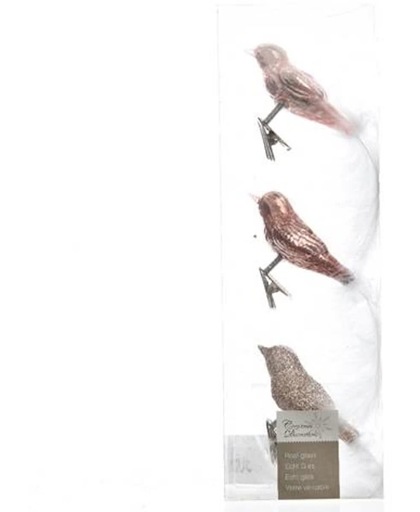 Vogels glas zachtroze 3x8x3.5cm Kerstartikelen