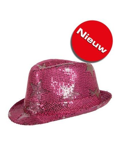 Trilby hoed met glitters en sterren - donker roze