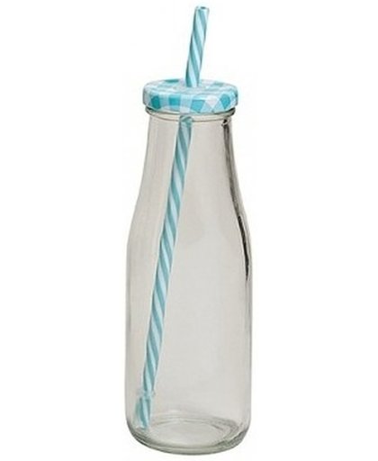 Blauw/witte glazen drink flesje met rietje 400 ml