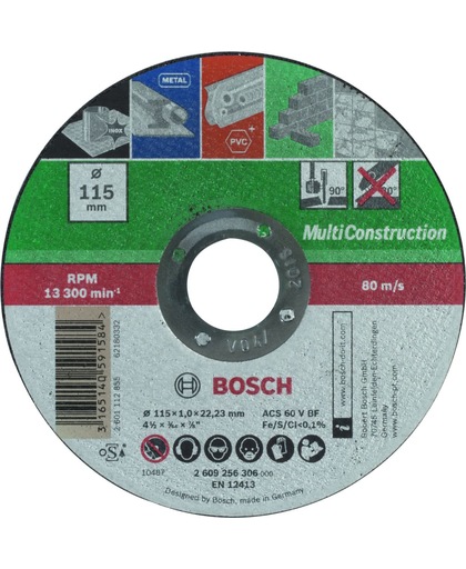 Bosch doorslijpschijf - Voor metaal, Inox, steen, marmer en kunststoffen - 115 x 1,0 mm - recht - 1 stuk