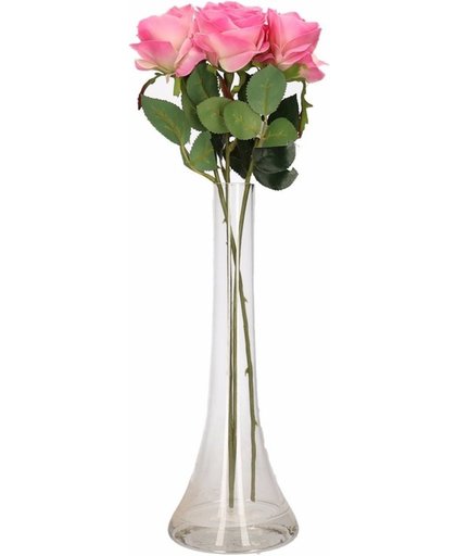 Smalle vaas met 3 roze rozen 45 cm