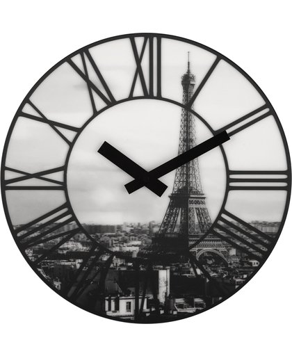 NeXtime La Ville - Klok - Stil Uurwerk - Rond - Kunststof - 3D effect Eiffeltoren - Ø39 cm - Zwart/Wit