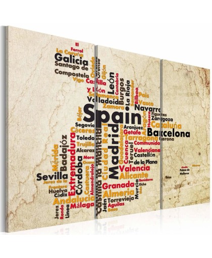 Schilderij - Tekst kaart: Spaanse steden - Drieluik