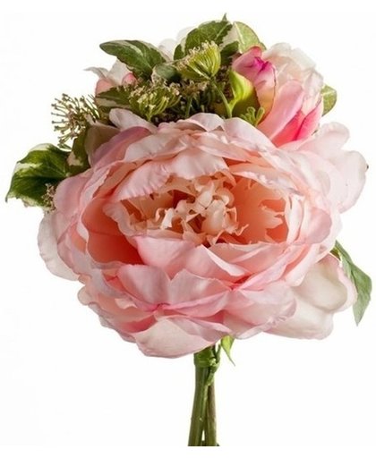 Roze kunstbloemen boeket 20 cm pioenroos/dille