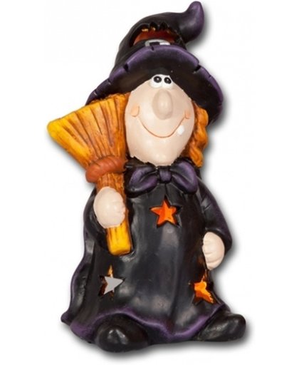 Halloween Waxinelichthouder heks met bezem 21 cm - Halloween decoratie
