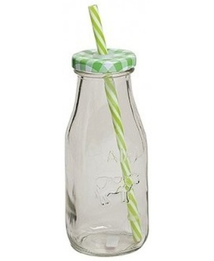 Groen/witte glazen drink flesje met rietje 300 ml