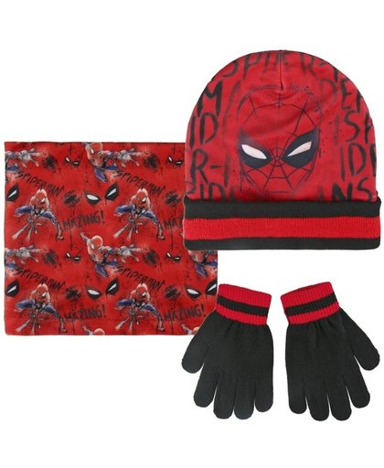 Spiderman winterset rood/zwart voor jongens - muts / handschoenen / sjaal van Spider-Man