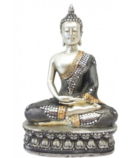 Thaise mediterende Boeddha beeldje zilver 28 cm