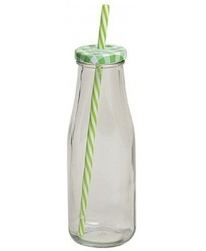 Groen/witte glazen drink flesje met rietje 400 ml