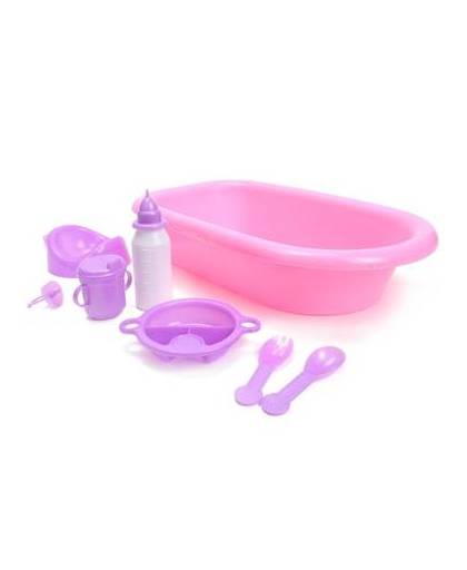 Roze babybad met lila accessoires voor poppen - poppen speelset